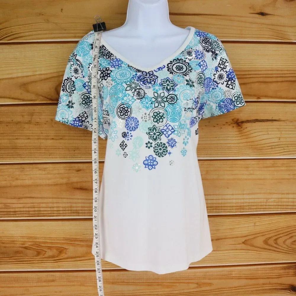 Studio Works Short Sleeve Shirt Womens Sz 1X White Blue Floral Cotton V-Neck NEW - Picture 3 of 8